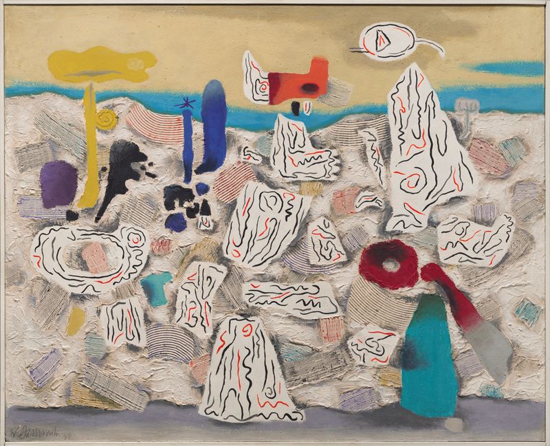 Obra abstrata em resina de Willi Baumeister com cristais e formas geométricas.