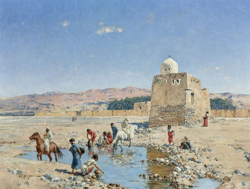 A L’oasis by Victor Huguet, oil on canvas depicting figures in a tranquil oasis.