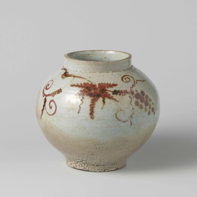 Vaso de cerâmica com detalhes de videira vermelha, artista desconhecido, Idade de Ouro Holandesa