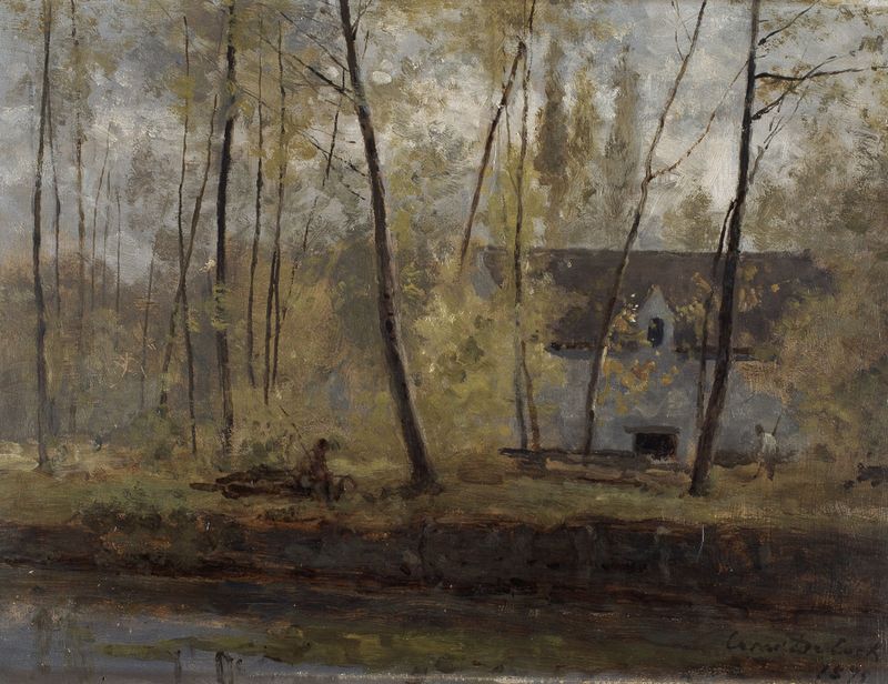 Farmhouse by the Water, oil on canvas by César De Cock, depicting a tranquil landscape with a farmhouse and water.
