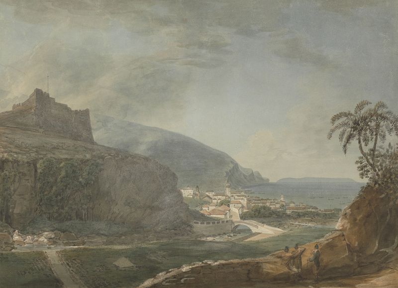 Funchal Castle Del Oiso, Madeira, óleo sobre tela de Samuel Davis representando uma paisagem costeira.