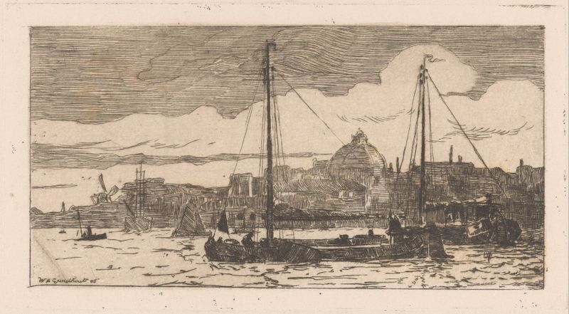 Cena marinha com barcos na água, pintura a óleo de Willem Adrianus Grondhout