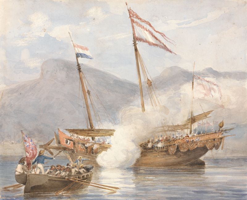 Escena histórica que muestra soldados en acción, pintura al óleo de Lt. Joseph Sparkhall Rundle
