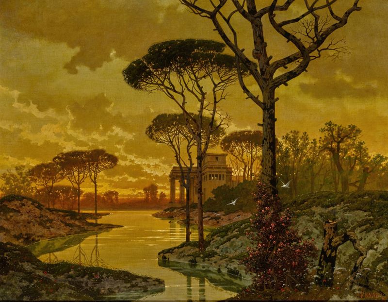 Evening Landscape by Ferdinand Knab, oil painting of a tranquil evening landscape.