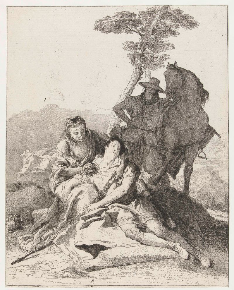Angelica geneest de wond van Medoro, etching by Giovanni Domenico Tiepolo, depicting Angelica healing Medoro.