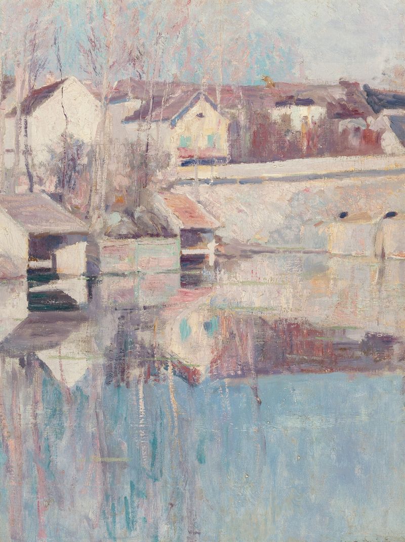 Lakeside Reflections de Edward Wilbur Dean Hamilton, pintura a óleo que retrata um lago sereno e reflexos.
