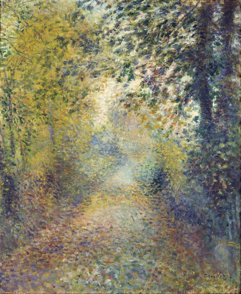 In the Woods de Pierre-Auguste Renoir, óleo sobre tela representando uma floresta com luz filtrada.