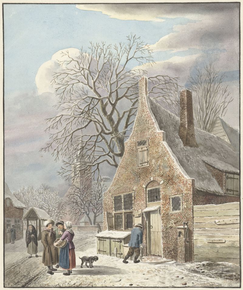 Dorp onder sneeuw by Johannes Christiaan Janson, oil on canvas depicting a snow-covered village.