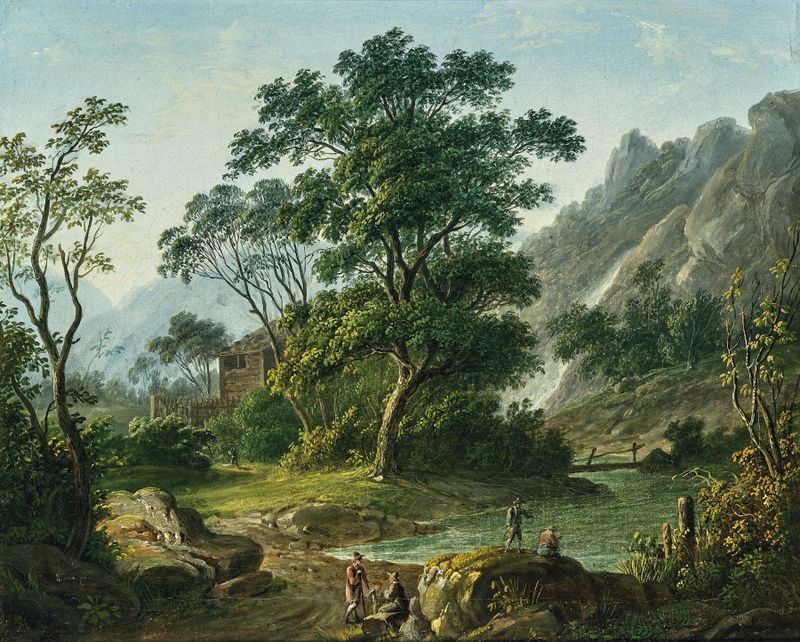 Pintura al óleo de Matthias Rudolf Toma que muestra viajeros descansando junto a un lago de montaña