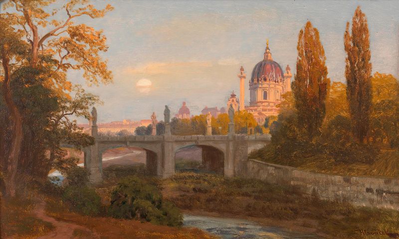 Blick vom Wienfluss gegen Elisabethbrücke und Karlskirche by Anton Hlavacek, oil on canvas depicting a river landscape.