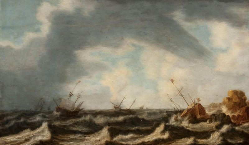 Marine landscape by Willem van Diest, oil painting depicting waves and sunset.