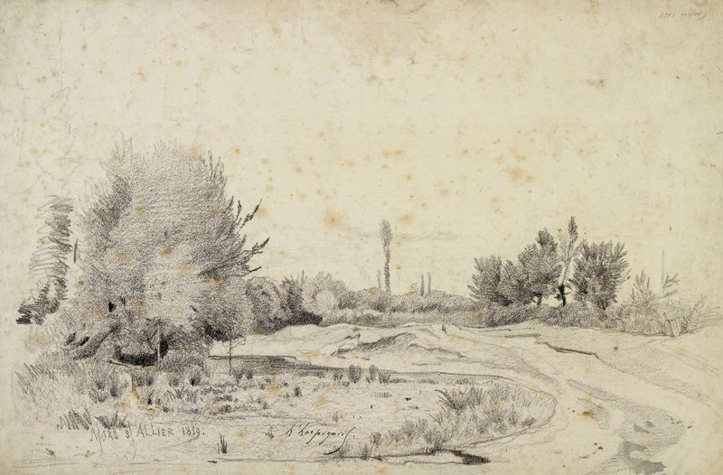 Paisaje de Henri-Joseph Harpignies, que representa una escena tranquila con niebla y luz del amanecer.