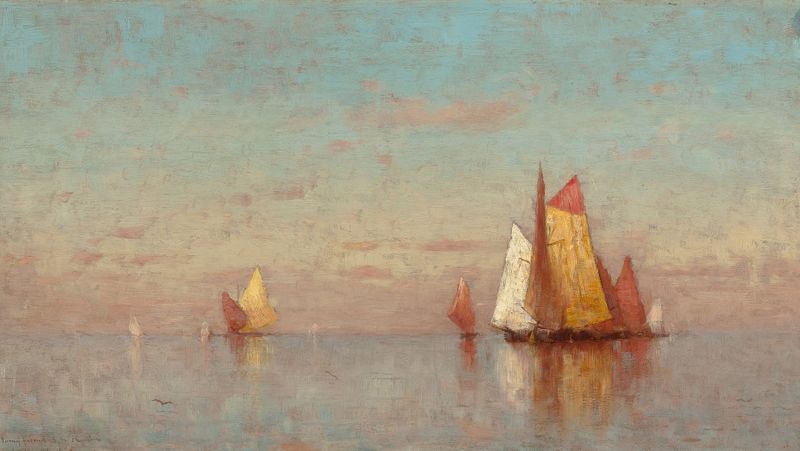 Navegando en Aguas Tranquilas, óleo sobre lienzo de Walter Blackman, que muestra veleros en aguas tranquilas.