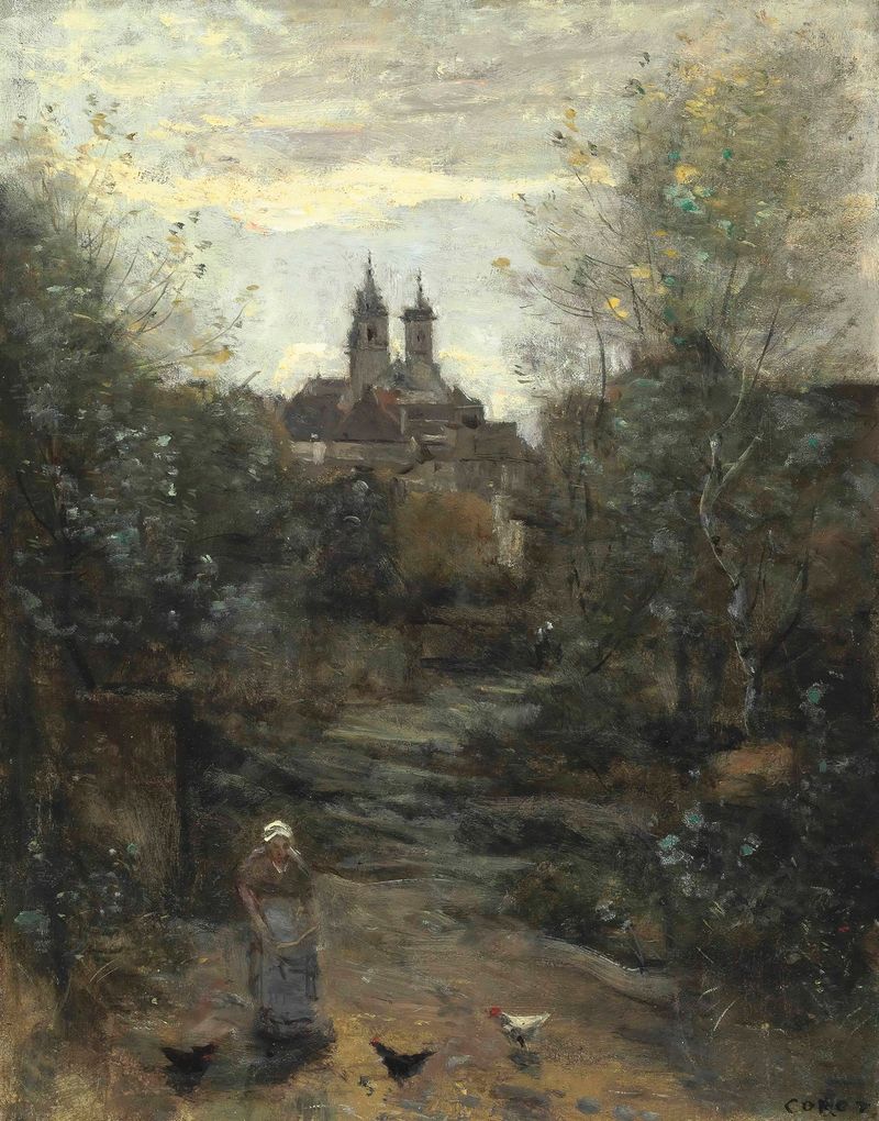 Pintura paisajística al óleo de Jean-Baptiste-Camille Corot que muestra un camino que lleva a una iglesia