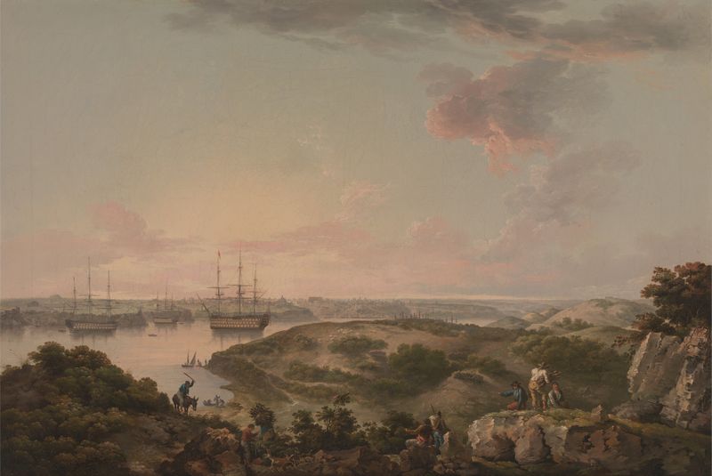 Marine scene with British men-of-war at anchor, oil painting by John Thomas Serres