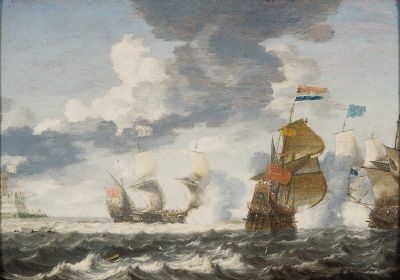 Batalla naval con barcos y una fortaleza, pintura al óleo de Bonaventura Peeters d.ä.
