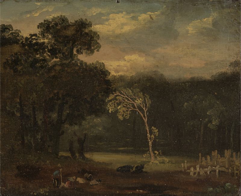 Paisaje con árboles y colinas en suaves tonos, de Samuel Palmer