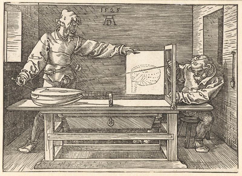 Drawing by Albrecht Dürer depicting a musician sketching a lute on paper