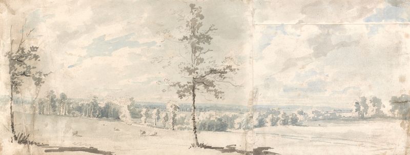 Landscape of Harrow Common, Middlesex by Edward Dayes, oil painting depicting twilight and gentle grasses.