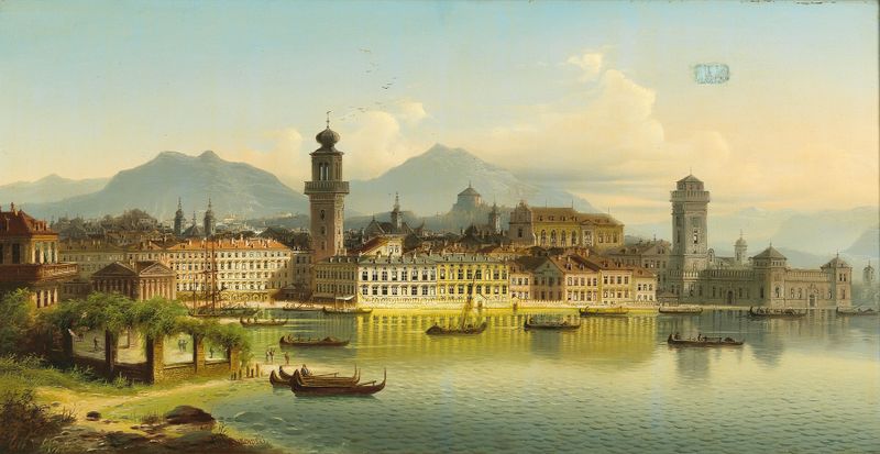 Lake Garda landscape with tranquil water reflections, oil on canvas by Johann Wilhelm Jankowski