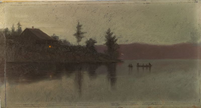 Landscape with silhouettes and twilight sky, oil on cardboard by Abbott Handerson Thayer