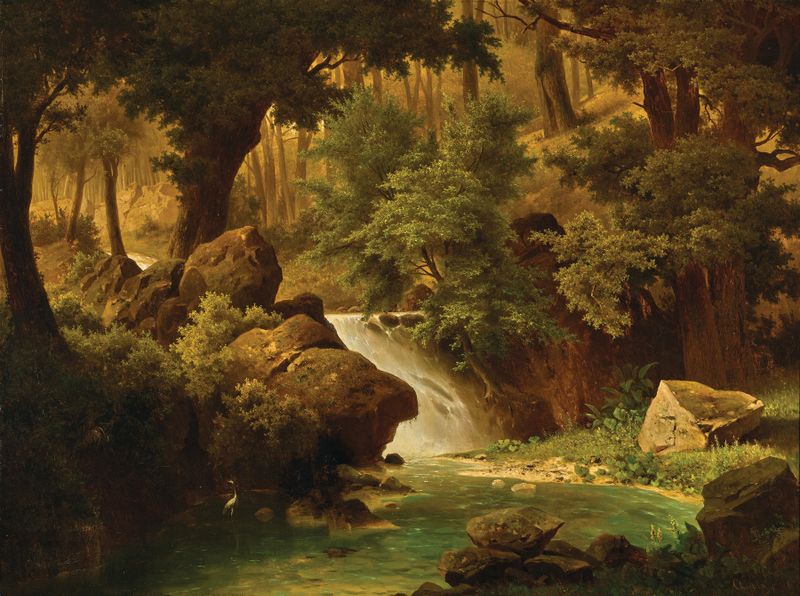 A Rocky Landscape with a River by Adolf Chwala, oil on canvas depicting a river winding through rugged terrain.