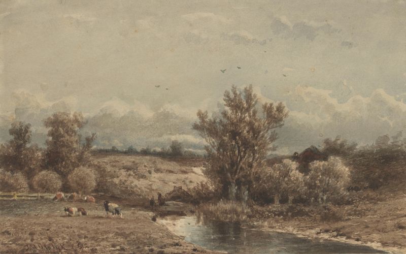 Landschap met rivier en koeien by Jan Vrolijk, depicting a serene landscape with cows and a river.