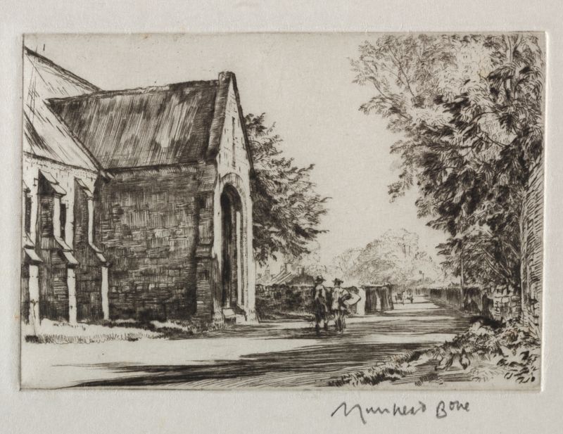 Paisagem de The Bishop’s Barn de Muirhead Bone, 1919, mostrando um grande celeiro com sombras e tons terrosos.