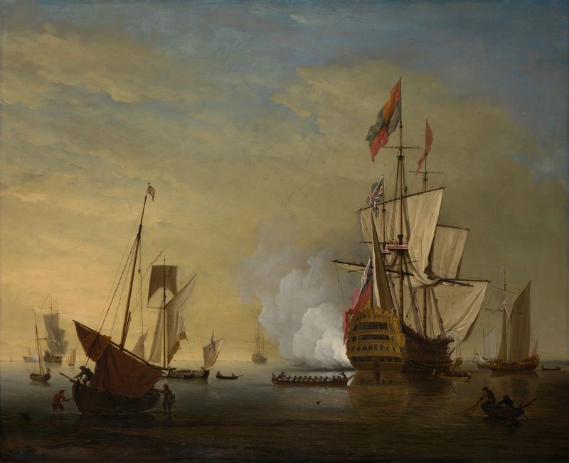 Harbor Scene by Peter Monamy, oil on canvas, depicting an English ship firing a gun on a stormy sea.