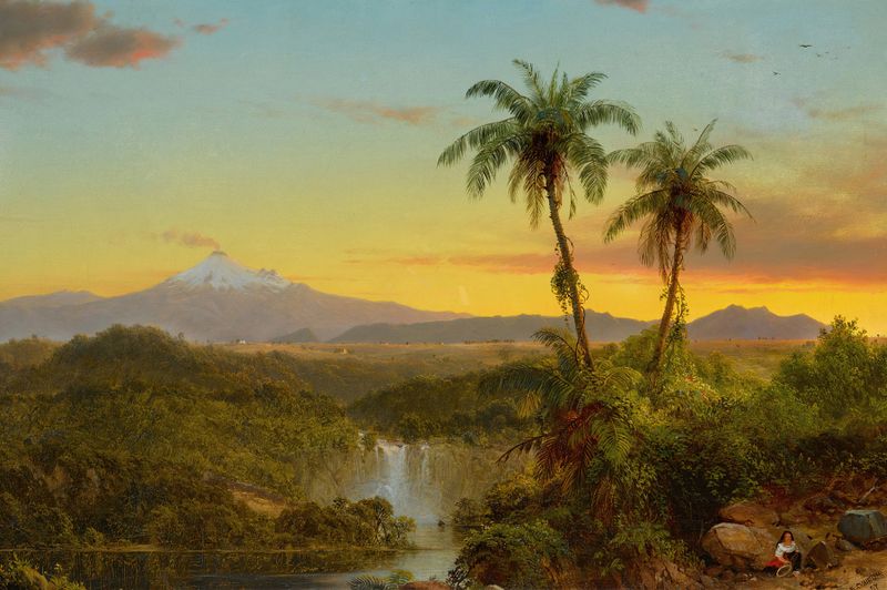 Paisagem sul-americana de Frederic Edwin Church, pintura a óleo com folhagem exuberante e montanhas distantes.