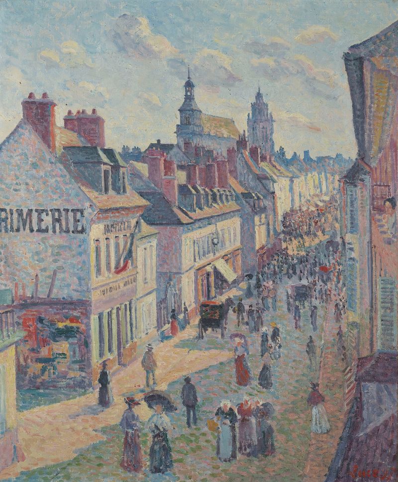 Jour de marché à Gisors by Maximilien Luce, oil on canvas depicting a bustling market scene.