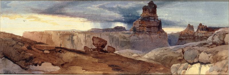 Paisagem de cânion por Thomas Moran, pintura a óleo mostrando cortes profundos na terra e cores vibrantes.