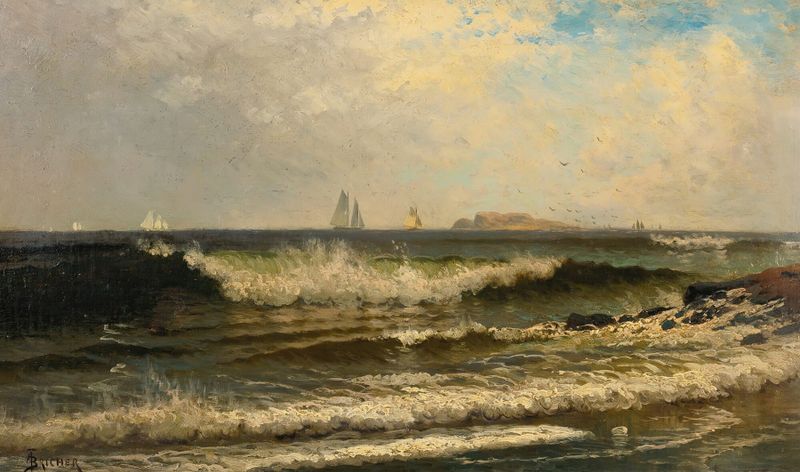 Breaking Waves, oil on canvas by Alfred Thompson Bricher, depicting tumultuous waves and a sunset.