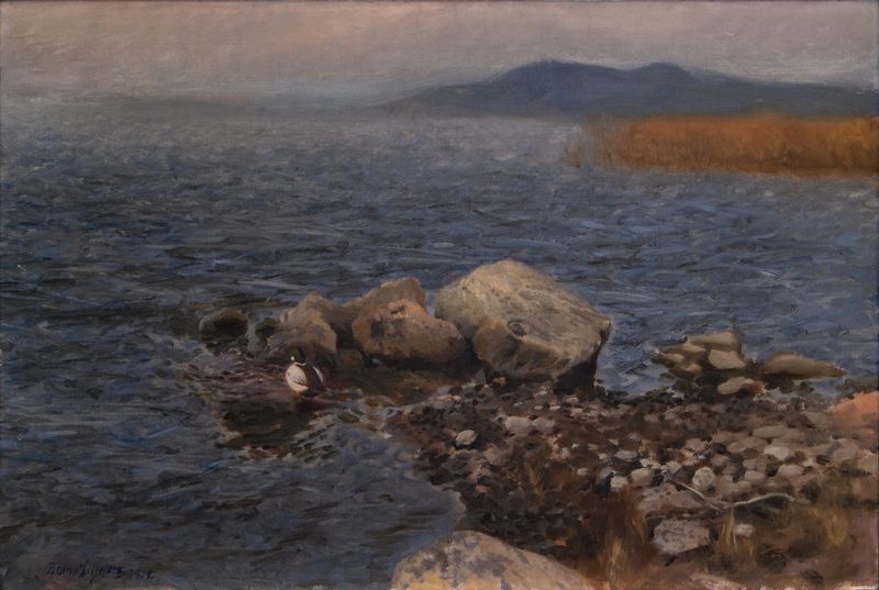 Rocky Promontory de Bruno Liljefors, pintura al óleo que muestra rocas rugosas y un horizonte suave.