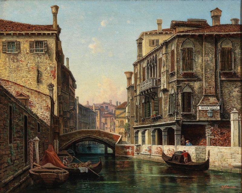 Escena del canal de Venecia con sombras, óleo sobre lienzo de Hermann Oskar Schwan