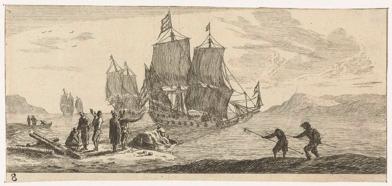 Four sailing ships in a bay, etching by Reinier Nooms