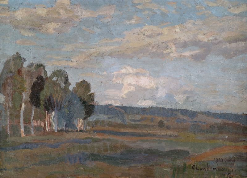 Post-Impressionism landscape by Christian Landenberger, featuring rolling hills and lush greenery.