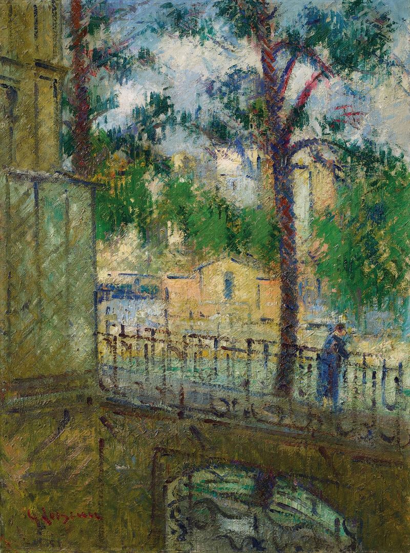 Pintura a óleo de paisagem de Gustave Loiseau com um horizonte enevoado e água cintilante.