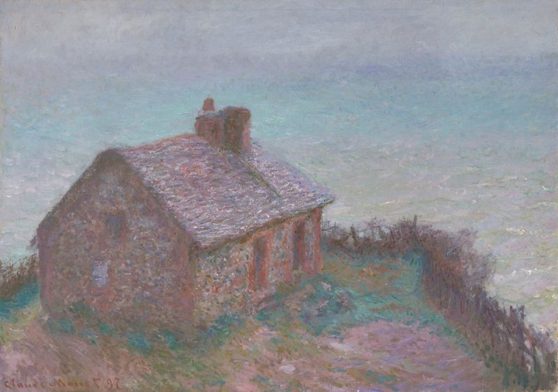 A Alfândega em Varengeville de Claude Monet, óleo sobre tela que retrata penhascos e luz solar.