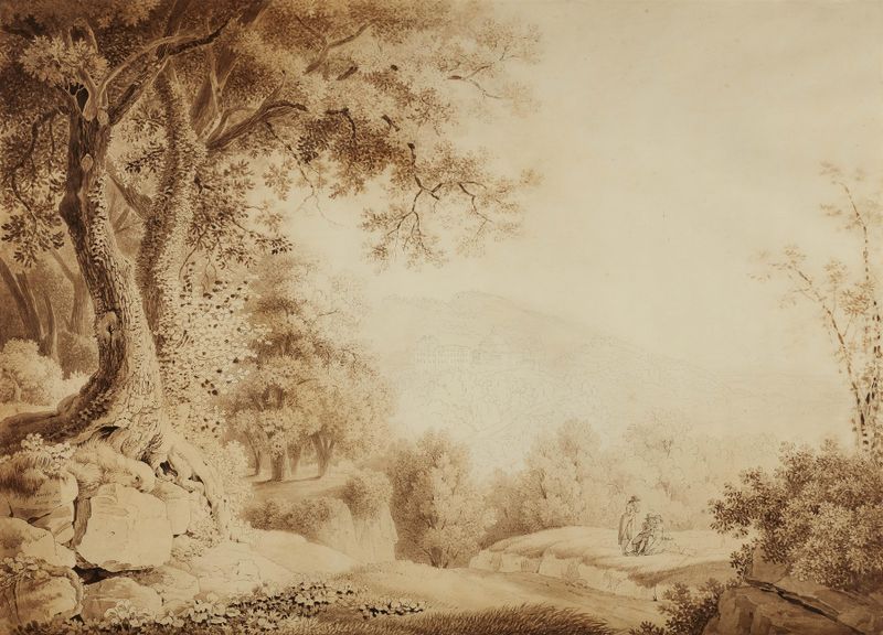 Paisaje de Der Lago Albano con el Palazzo Chigi y Santa Maria Assunta de Johann Georg Gmelin, pintura al óleo