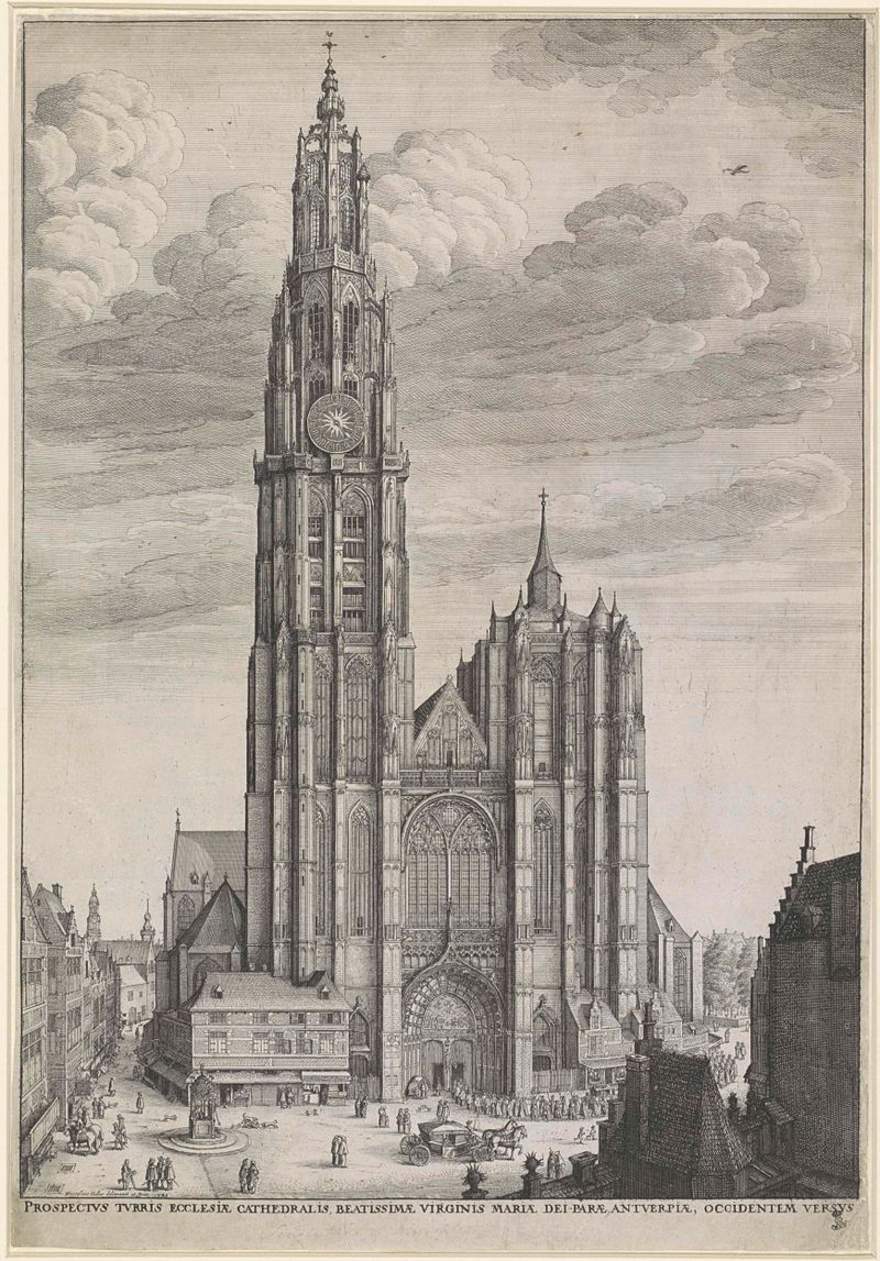 Westgevel van de Onze-Lieve-Vrouwe-Kathedraal te Antwerpen, grabado de Wenceslaus Hollar