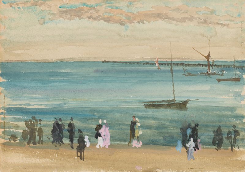 Pintura al óleo Southend Pier de James Abbott McNeill Whistler, con tranquilas reflexiones de agua y cielo.