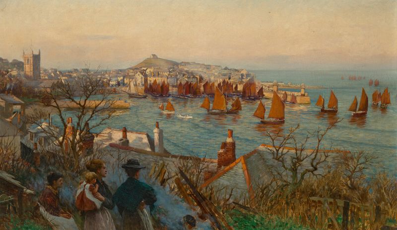 Cena marinha com barcos no porto de St Ives, pintura a óleo de William Banks Fortescue