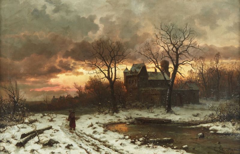 Winter Twilight in the Rhine Valley, óleo sobre tela de Ernesto Strigelly, retratando uma paisagem serena de rio ao crepús...
