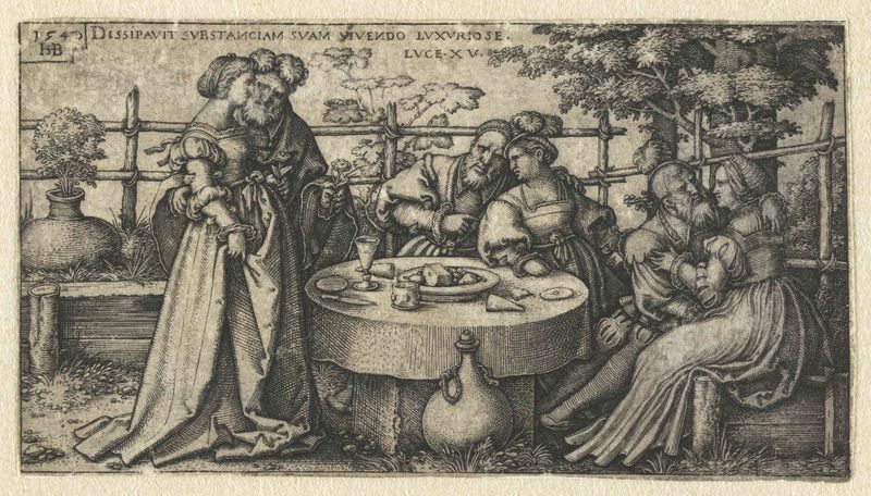 Grabado de Hans Sebald Beham que representa a un joven desaliñado en una mesa.