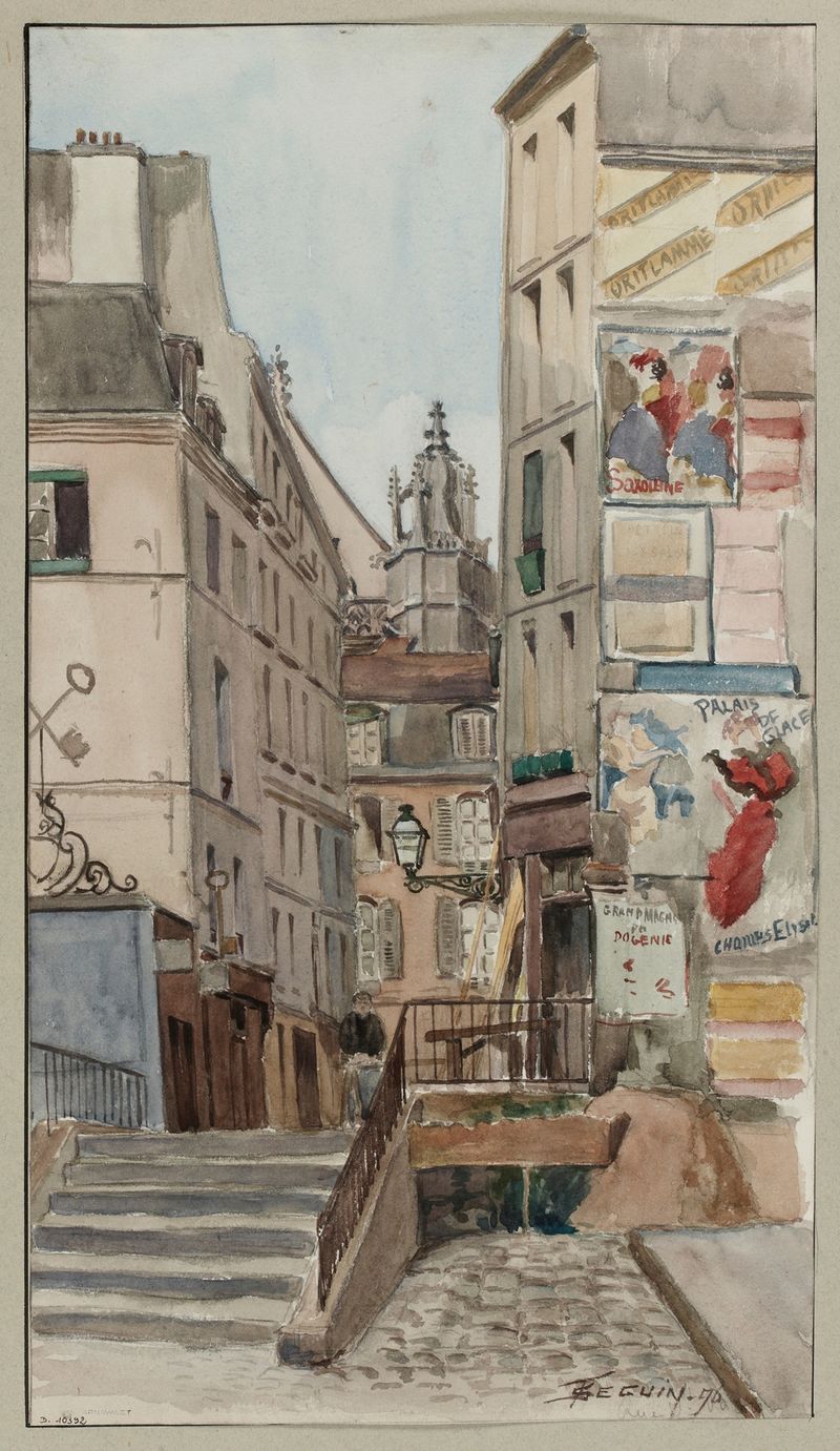 Rue Saint Bon, una obra impresionista de F. Séguin, que muestra arquitectura urbana en luz suave.