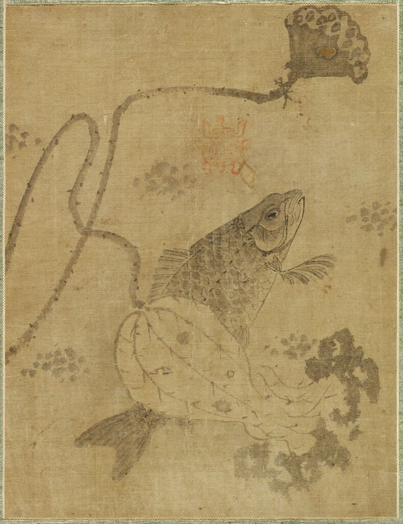 Carpa nadando em um lago com planta de lótus, tinta sobre papel de Yi U
