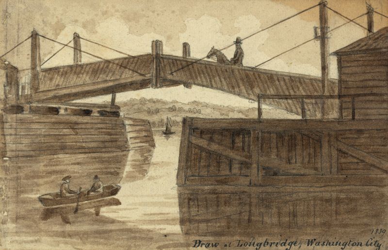 Aquarela de Augustus Köllner retratando uma ponte sobre um rio em Washington City
