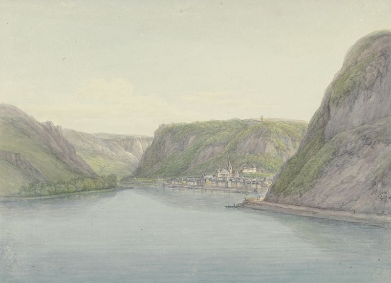 Paisagem com vinhedos e rio, pintura a óleo de Christian Georg Schütz the elder