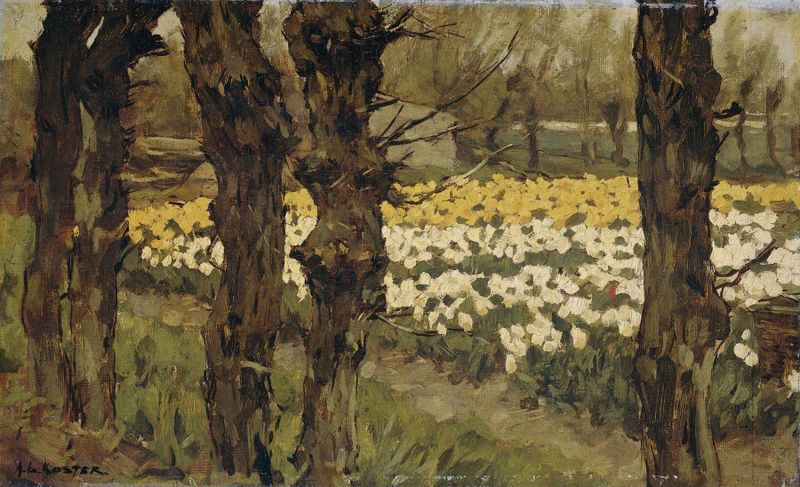 Tulip Fields de Anton L. Koster, pintura a óleo que retrata tulipas coloridas em um campo.